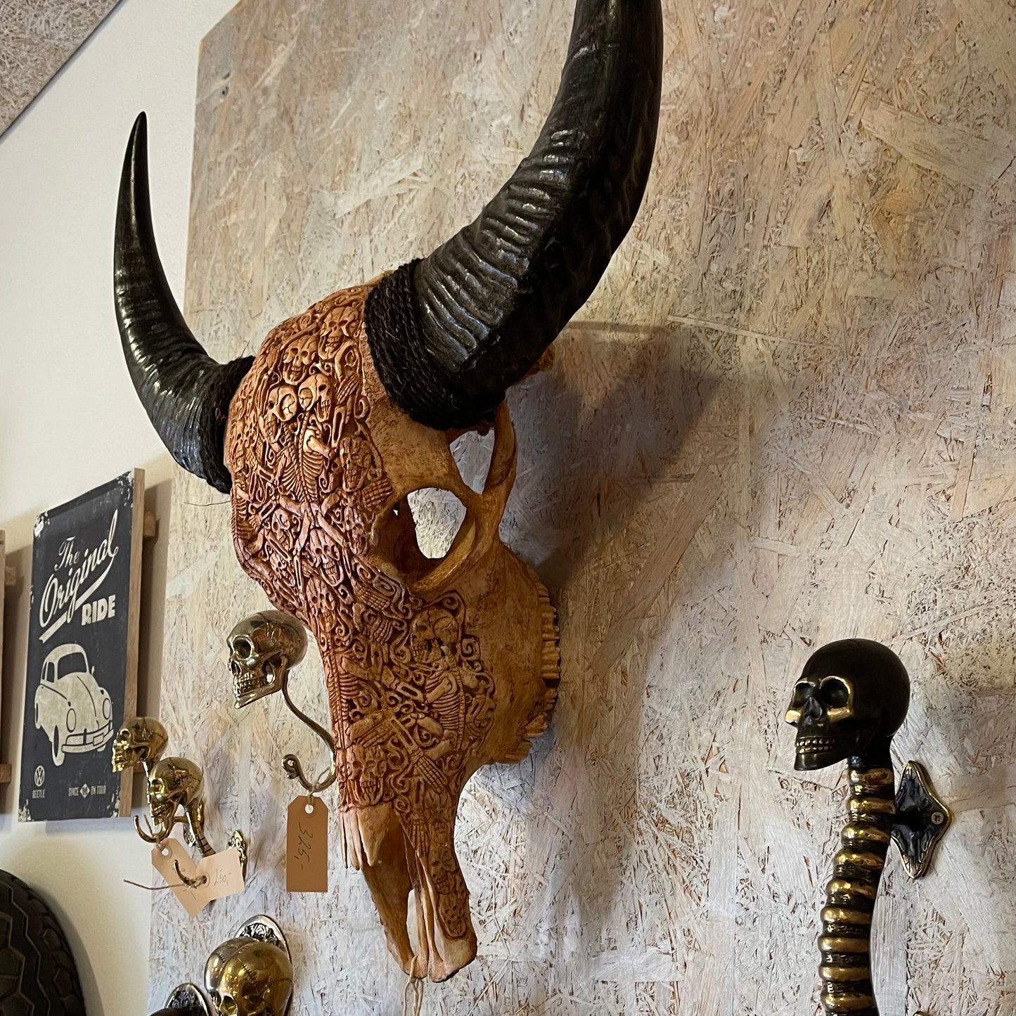 Buffalo håndskåret kranie, den ægte (B63x H79)