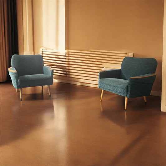 Midcentury Loungesæt, 2 stk, 60’erne i fed blå/grøn polstring med træarmlæn