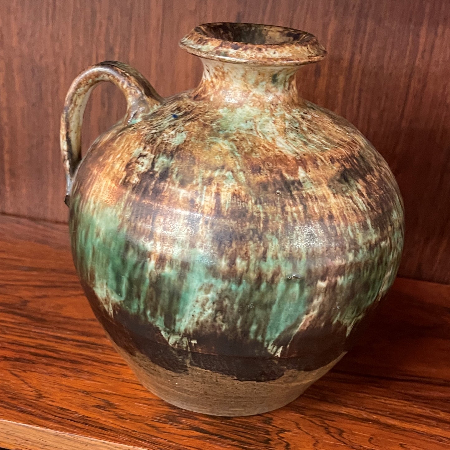 Etienne van Wonterghem Keramik vase med hank i smukke grønne og brune jordfarver